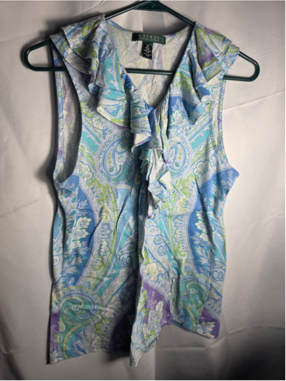 Women's Lauren Ralph Lauren Paisley Ruffle Sleeveless Blouse Blue Green Size M
